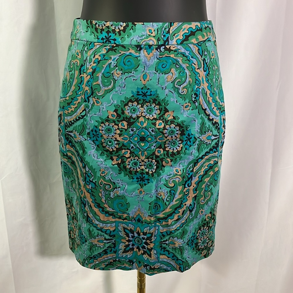 J. Crew Green Orange & Purple Floral Print Pencil Skirt